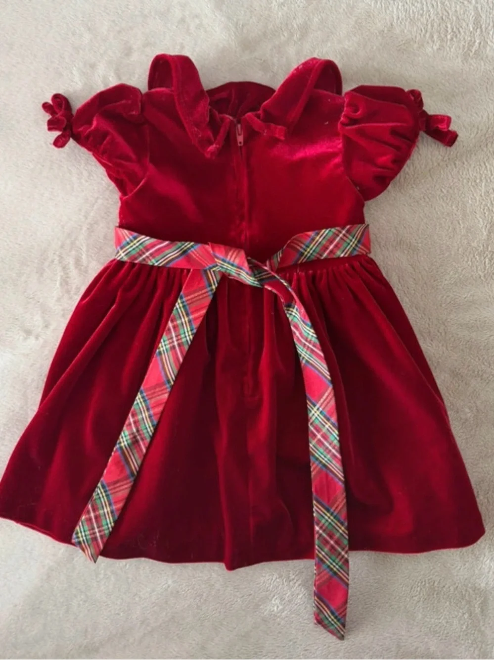 Red Velvet Holiday Dress with Plaid Sash - Kids